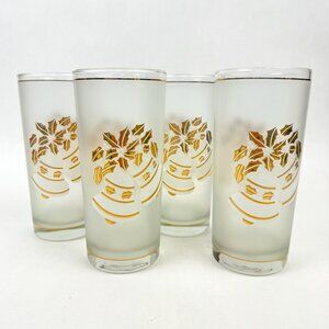 Vtg MCM Christmas Culver Gold Tumbler Bell Poinsettia Glasses Set 4 Holiday